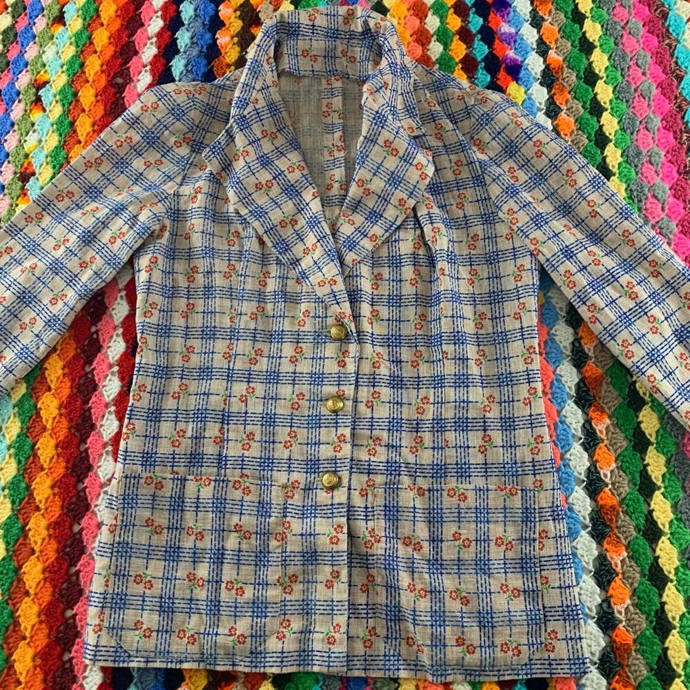 Vintage 1970s Daisy Floral Plaid 3 Button Statement Blazer Oversized Han… - Picture 7 of 15